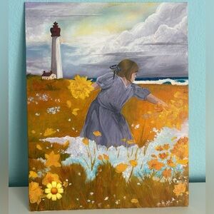 Original Painting- Girl Picking Flowers by the Sea